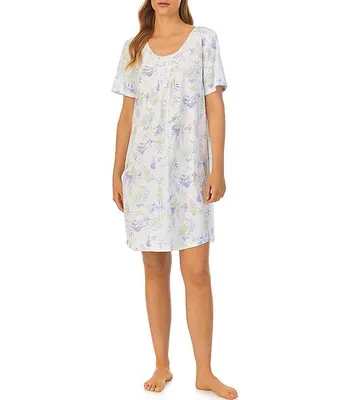 Carole Hochman Short Sleeve Lace Scoop Neck Cotton Knit Butterfly Floral Print Nightgown