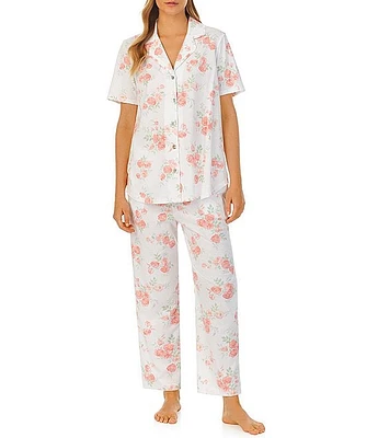 Carole Hochman Short Sleeve Notch Collar Coordinating Pant Floral Knit Pajama Set