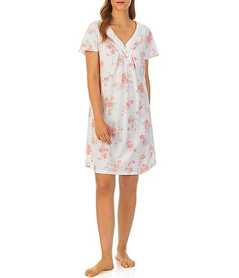 Carole Hochman Short Sleeve V-Neck Cotton Knit Floral Nightgown