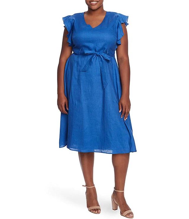 CeCe Plus Short Flutter Sleeve Linen Belted Midi Dress | The Shops at  Willow Bend