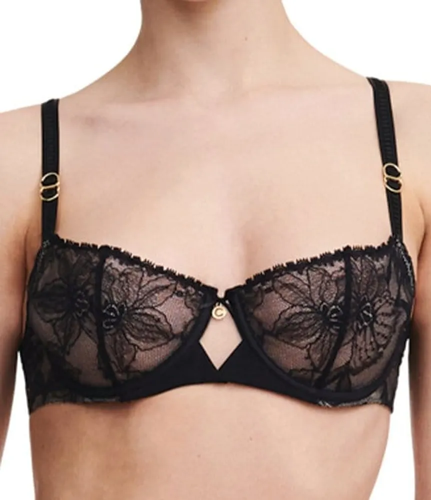 Chantelle Orchids Floral Lace Push-up Plunge Bra In Black