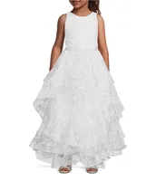 Chantilly Place Big Girls 7-16 Printed Organza Embellished Waist Cascade Horsehair Long Dress