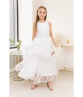 Chantilly Place Big Girls 7-16 Printed Organza Embellished Waist Cascade Horsehair Long Dress