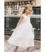Chantilly Place Little Girls 2T-6X Embroidered Bodice Mesh Glitter Dress
