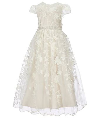 Chantilly Place Little Girls 4-6X Cap Sleeve Pearl Embellished Waist Floral Embroidered Scalloped Hem Gown