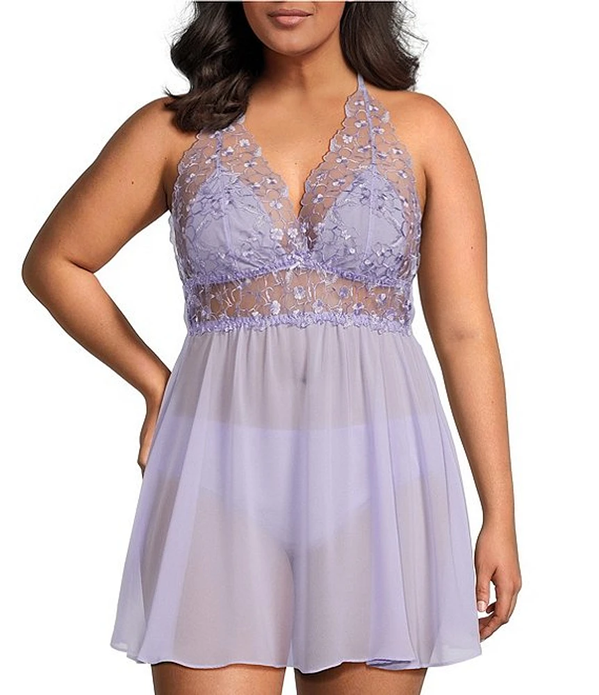 Cinema Etoile Plus Soft Cup Embroidered Chiffon Halter Babydoll Dress