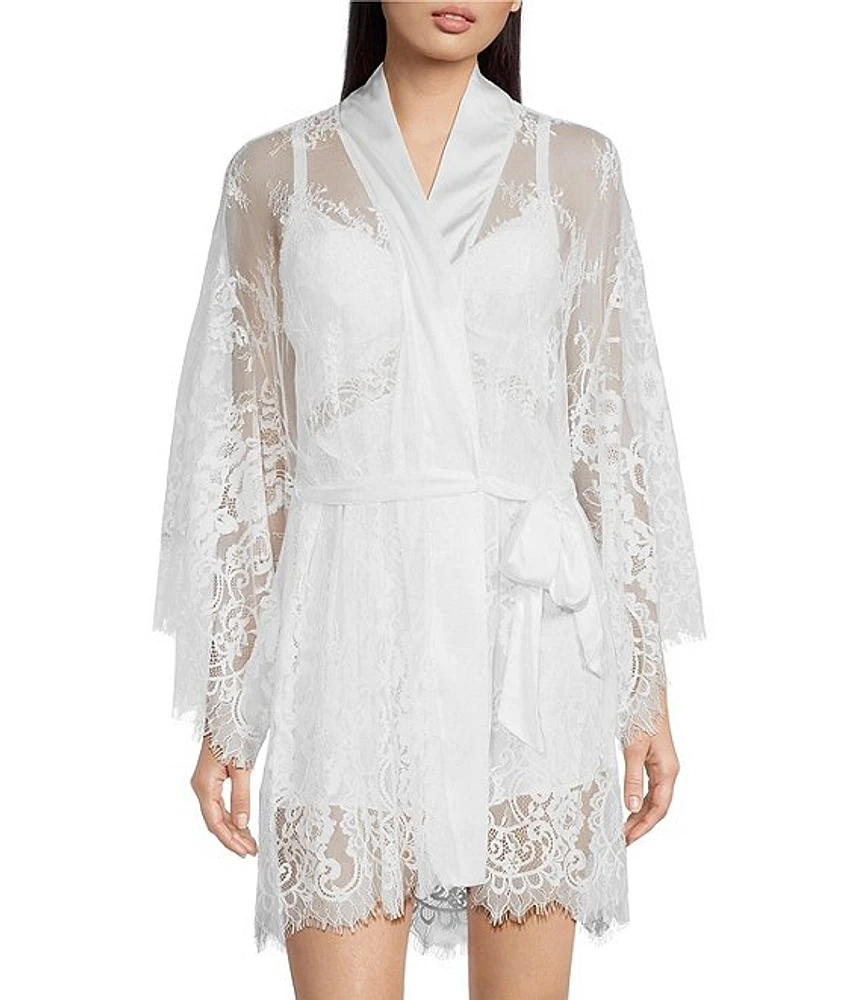 Cinema Etoile Satin Eyelash Lace Sweetheart Neck 3/4 Sleeve A-Line Babydoll & Robe Set