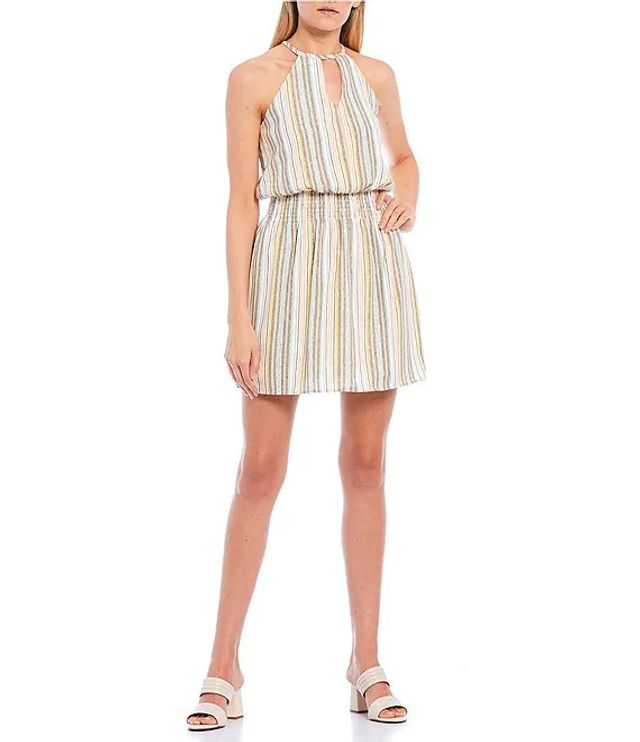 City Vibe High-Neck Striped Smocked Waist Linen Dress | Brazos Mall