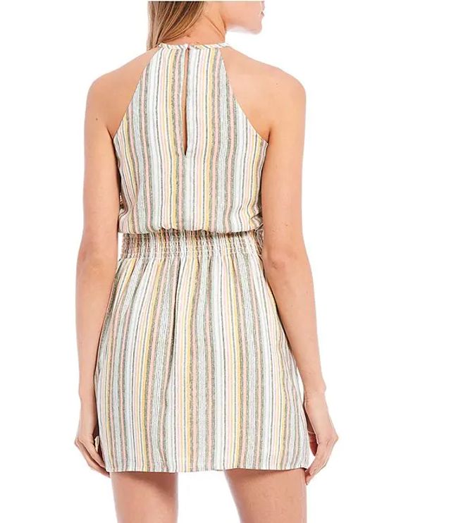 City Vibe High-Neck Striped Smocked Waist Linen Dress | Brazos Mall