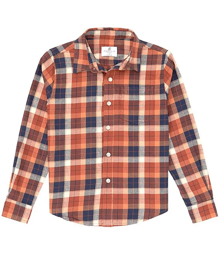 Class Club Big Boys 8-20 Long Sleeve Navy and Orange Plaid Woven Sport Shirt