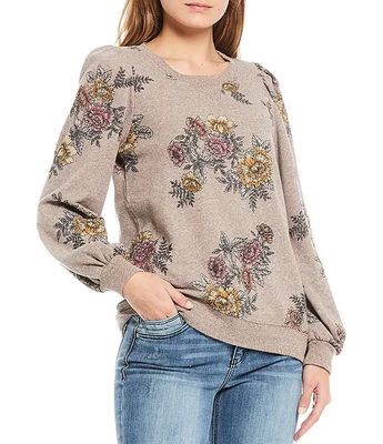 Floral Print Crew Neck Blouson Sleeve Sweatshirt