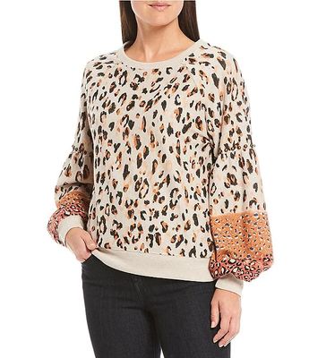 Mixed Cheetah Print Scoop Neck Blouson Sleeve Sweatshirt