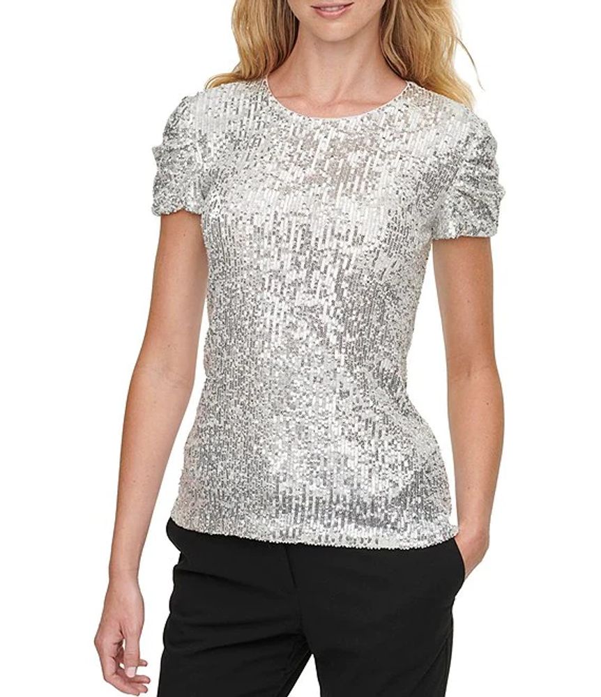 DKNY Sequin Ruched Short Sleeve Top | The Shops at Willow Bend