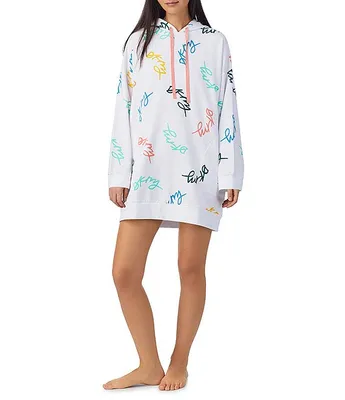 DKNY Terry Logo Print Hooded Long Sleeve Lounge Pullover