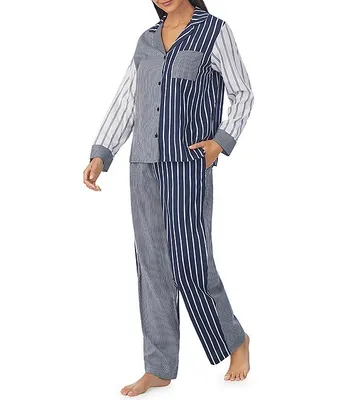 DKNY Woven Striped Patchwork Print Long Sleeve Notch Collar Pajama Set