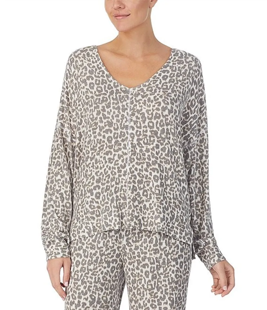 Donna Karan Brushed Marl Animal Print Long Sleeve V-Neck Coordinating Sleep Top