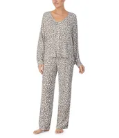 Donna Karan Brushed Marl Animal Print Long Sleeve V-Neck Coordinating Sleep Top