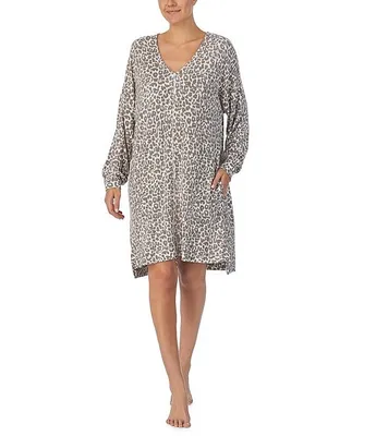 Donna Karan Brushed Marl Jersey Animal Print Long Sleeve V-Neck Lounge Dress
