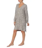 Donna Karan Brushed Marl Jersey Animal Print Long Sleeve V-Neck Lounge Dress