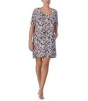 Donna Karan Floral Print Short Sleeve V Neck Knit Lounge Dress