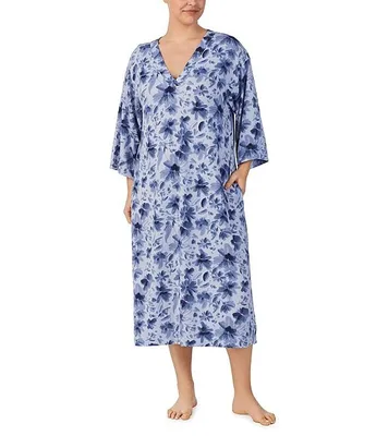 Donna Karan Plus Brushed Sweater Knit Floral Print 3/4 Sleeve V-Neck Sleepshirt