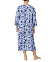 Donna Karan Plus Brushed Sweater Knit Floral Print 3/4 Sleeve V-Neck Sleepshirt