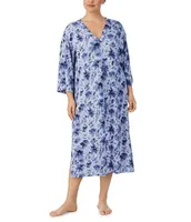 Donna Karan Plus Brushed Sweater Knit Floral Print 3/4 Sleeve V-Neck Sleepshirt