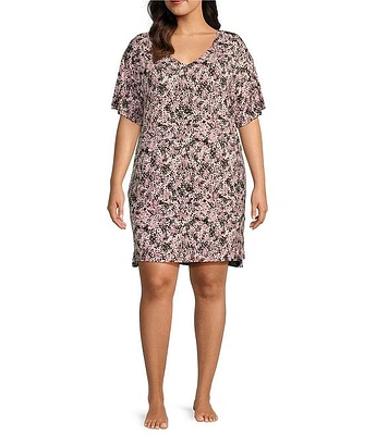 Donna Karan Plus Printed Short Sleeve V-Neck Knit Sleepshirt