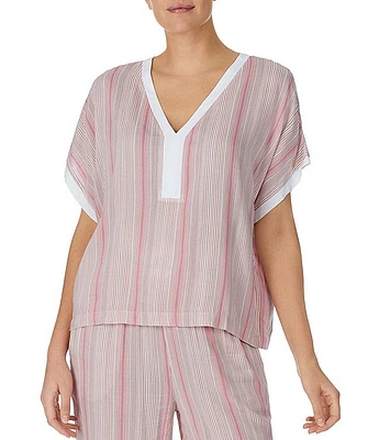 Donna Karan Short Sleeve V-Neck Woven Striped Coordinating Sleep Top