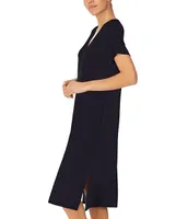 Donna Karan Solid Knit V-Neck Short Sleeve Slit Hem Nightgown