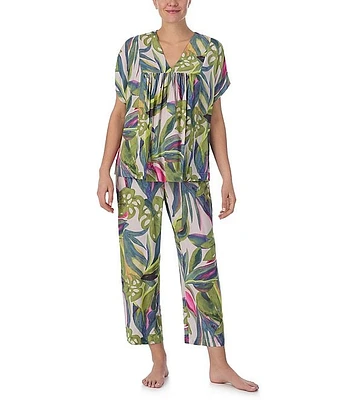 Donna Karan Tropical Printed Dolman Sleeve V-Neck Woven Capri Pajama Set