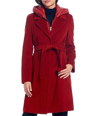 Wool Cashmere Blend Hooded Belted Wrap Coat