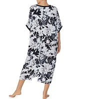Donna Karan Woven Floral Short Sleeve V-Neck Long Caftan