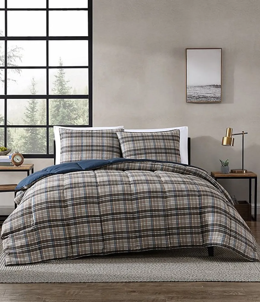 Eddie Bauer Rugged Plaid Brown Micro Suede Reversible Duvet Cover Mini Set