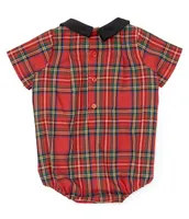 Edgehill Collection Baby Boys 3-12 Months Short Sleeve Velvet Collar Plaid Bubble