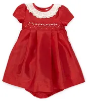 Edgehill Collection Baby Girl 3-24 Months Ruffle Neck Short Sleeve Taffeta Dress