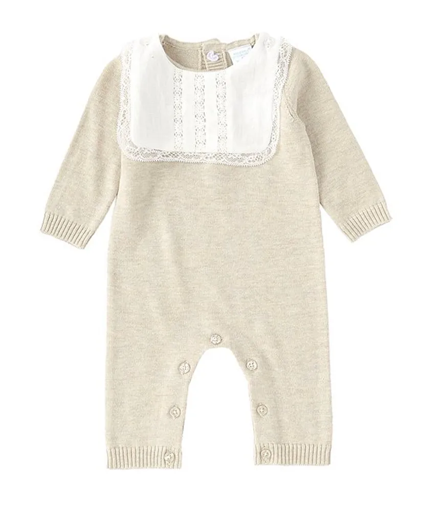 Edgehill Collection Baby Girls Newborn - 6 Months Long Sleeve Sweater Knit  Coverall & Removable Lace Bib