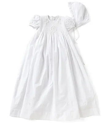 Edgehill Collection Baby Girls Newborn-12 Months Smocked Christening Gown & Matching Bonnet Set