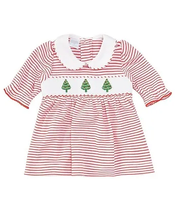 Edgehill Collection Baby Girls Newborn-24 Months Peter Pan Collar Long Sleeve Smocked Christmas Tree Dress