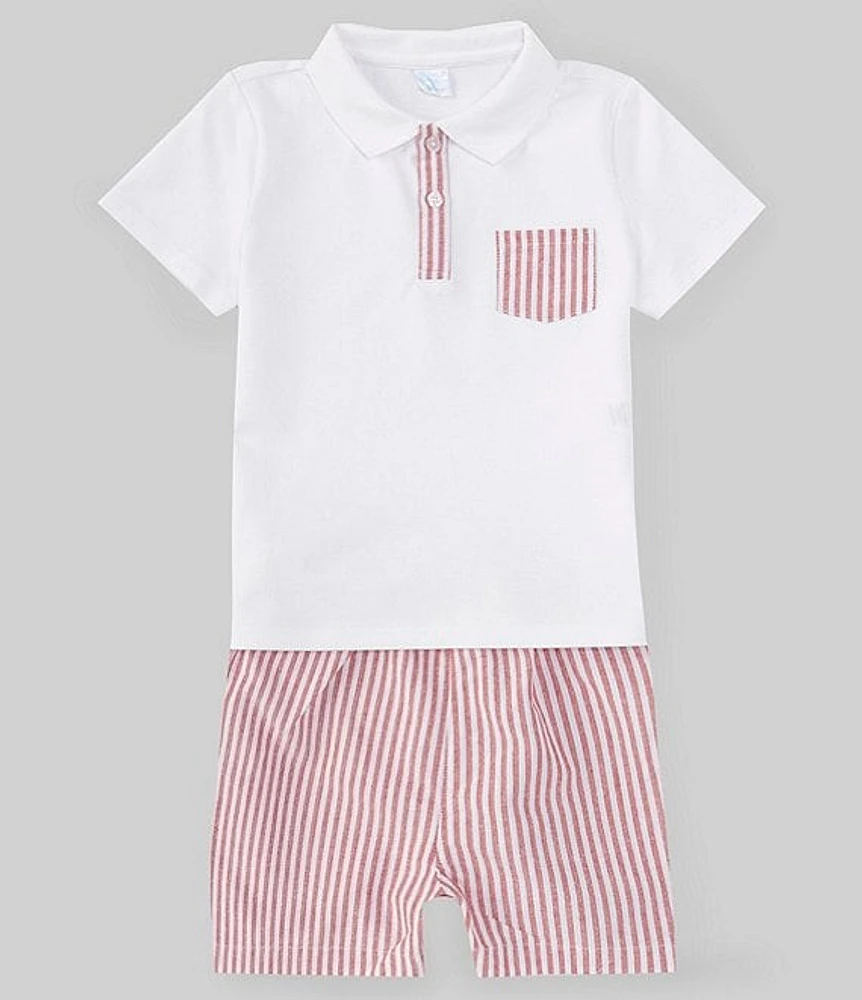 Edgehill Collection x The Broke Brooke Little Boys 2T-7 Beau Pique Knit Polo and Stripe Short Set