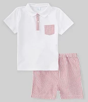 Edgehill Collection x The Broke Brooke Little Boys 2T-7 Beau Pique Knit Polo and Stripe Short Set