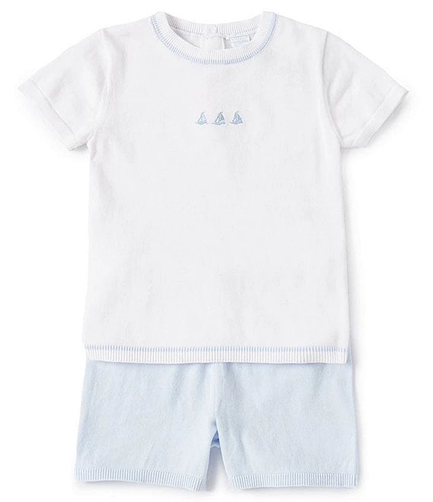 Edgehill Collection x The Broke Brooke Little Boys 2T-4T William Boat Embroidered Short Sleeve Top & Shorts Set
