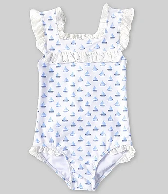 Edgehill Collection x The Broke Brooke Little Girls 2T-6X Cissy Sailboat Print One Piece Swimsuit