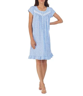 Eileen West Floral Cotton Jersey Short Sleeve Ruffle Hem Round Neck Nightgown