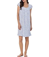 Eileen West Floral Print Cap Sleeve Pintuck Beaded Lace Sweetheart Neck Jersey Cotton Ruffle Trim Short Nightgown