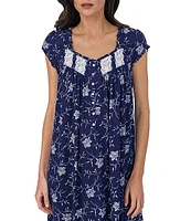 Eileen West Floral Print Cap Sleeve Ruffle Pintuck Lace Sweetheart Neck Jersey Waltz Midi Nightgown