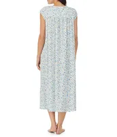 Eileen West Floral Print Soft Cotton Knit Round Neck Cap Sleeve Long Nightgown