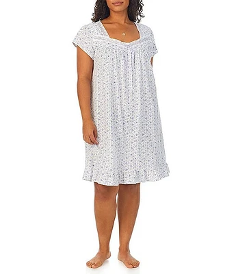 Eileen West Plus Cap Sleeve Sweetheart Neck Cotton Jersey Knit Floral Nightgown