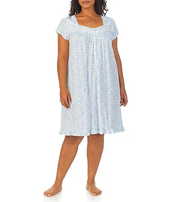 Eileen West Plus Floral Cotton Jersey Cap Sleeve Sweetheart Neck Short Nightgown
