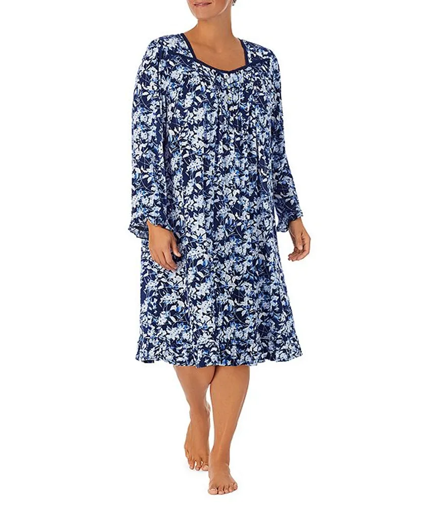 Eileen West Plus Floral Print Long Sleeve Square Neck Modal Waltz Nightgown